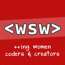 Web Start Women Logo Red with white text reading < WSW> ++ ing women coders & creators